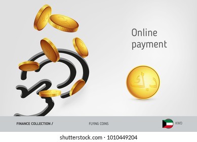 Button icon with flying Kuwaiti Dinar coins, finance concept. Vector illustration for print, websites, web design, mobile app, infographics.