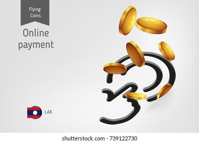 Button icon with flying Laos Kip coins, finance concept. Vector illustration for print, websites, web design, mobile app, infographics.
