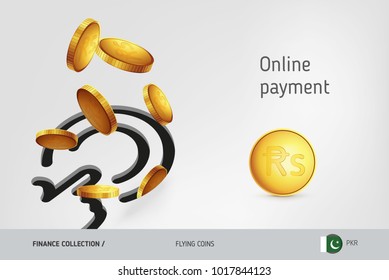 Button icon with flying Pakistani Rupee coins, finance concept. Vector illustration for print, websites, web design, mobile app, infographics.