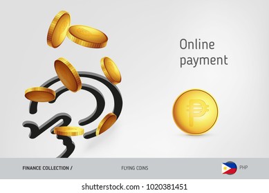 Button icon with flying Philippine Peso coins, finance concept. Vector illustration for print, websites, web design, mobile app, infographics.