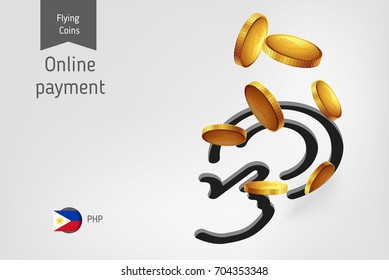 Button icon with flying Philippine Peso coins, finance concept.