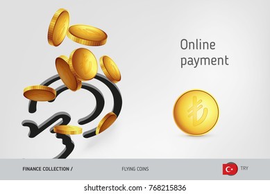 Button icon with flying Turkish Lira coins, finance concept. Vector illustration for print, websites, web design, mobile app, infographics.
