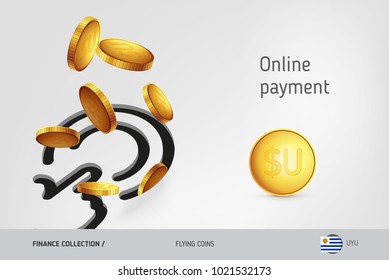Button icon with flying Uruguayan Peso coins, finance concept. Vector illustration for print, websites, web design, mobile app, infographics.