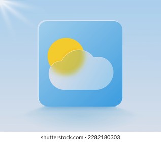 Button , icon with the image of the sun behind the cloud on a blue background. Weather icon with glassmorphic effect. For mobile application about the weather. Vector