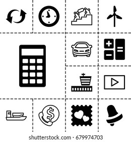 Button icon. set of 13 filled and outline button icons such as airport, bell, photo with heart, update, calculator, clock, mill, car, play, ship, stairs