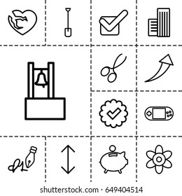 Button icon. set of 13 outline button icons such as flower, manicure scissors, shovel, broken heart, portable console, ink pen, tick, piggy bank, building, arrow, bell