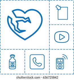 Button icon. set of 6 button outline icons such as milk, broken heart, call, mp3 player, play