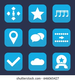 Button icon. set of 9 filled button icons such as chat, man move, music note, cloud, location pin, tick, medal, star