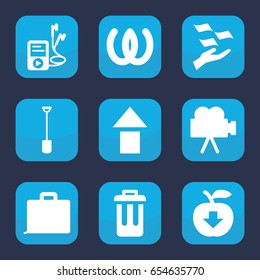 Button icon. set of 9 filled button icons such as money on hand, shovel, mp3 player, bin, camera, apple download, omega, case