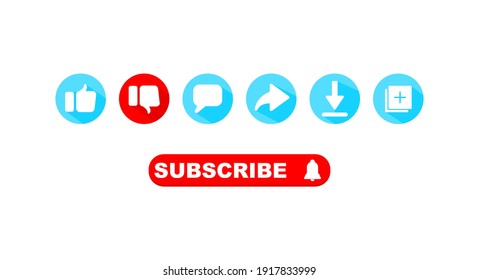 Button Icon Set for Channel. Like, Dislike, Comment, Share, Download, Save, and Subscribe Vector Illustration
