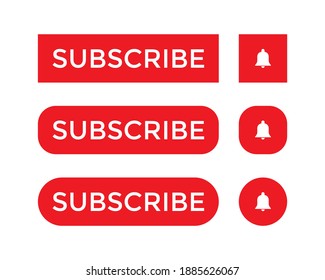 Button Icon Set for Channel. Red Subscribe with Bell in Flat Style Isolated on White Background