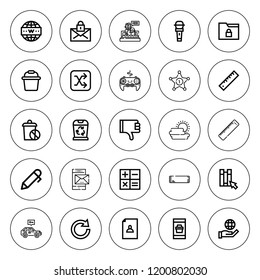 Button icon set. collection of 25 outline button icons with bed, bucket, click, calculation, chocolate, gamepad, internet, folder, mail, microphone icons. editable icons.