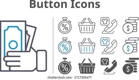 button icon set included money, phone call, shopping-basket, stopwatch, shopping basket icons