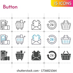 button icon set. included newsletter, 24-hours, money, shopping cart, shopping-basket, shopping basket icons on white background. linear, bicolor, filled styles.