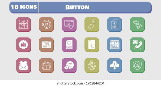 button icon set. included newsletter, shop, like, touchscreen, login, click, shopping basket, trolley, 24-hours, pdf icons on white background. linear, filled styles.