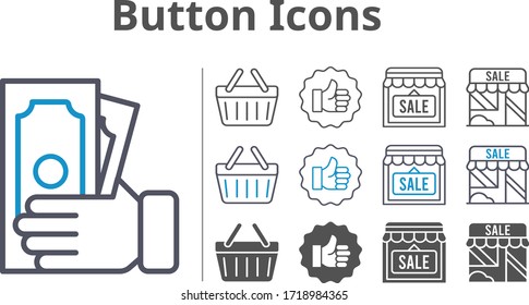 button icon set included shop, money, like, shopping-basket, shopping basket icons