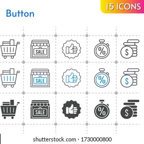 button icon set. included shop, money, like, shopping cart, stopwatch icons on white background. linear, bicolor, filled styles.