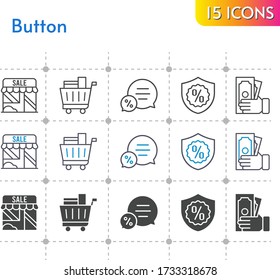 button icon set. included shop, money, chat, shopping cart, warranty icons on white background. linear, bicolor, filled styles.