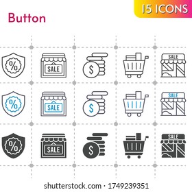 button icon set. included shop, money, shopping cart, warranty icons on white background. linear, bicolor, filled styles.