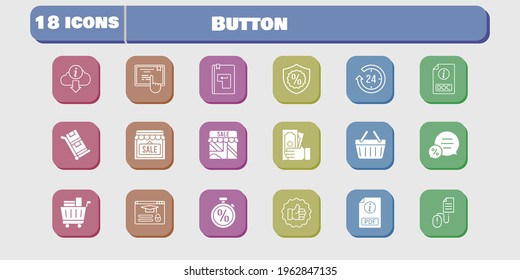 button icon set. included shop, like, shopping-basket, touchscreen, login, click, trolley, 24-hours, pdf, money, chat icons on white background. linear, filled styles.