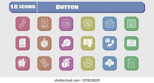 button icon set. included shop, like, touchscreen, login, click, shopping basket, trolley, 24-hours, pdf, money, chat icons on white background. linear, filled styles.