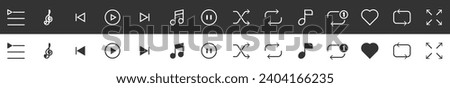 Button icon set of music player app. Play, stop, pause, previous, next, shuffle, info,repeat, etc. vector illustration