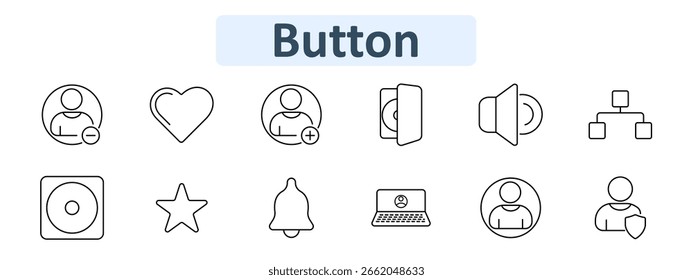 Ícone de botão definido. Usuário menos, coração, usuário mais, CD, alto-falante, gráfico de rede, disco, estrela, sino, laptop com usuário, grupo, escudo.