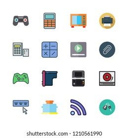 button icon set. vector set about toaster, paper clip, video console and game controller icons set.