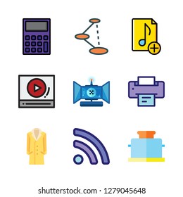 button icon set. vector set about trench coat, music file, remote control and rss icons set.