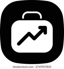button icon of a suitcase with growth arrow, filled business success travel icon.