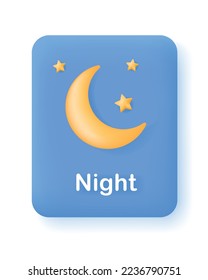 Botón o icono para la aplicación móvil del tiempo o sitio web. Elemento de pronóstico del tiempo nocturno. Luna amarilla y estrellas de fondo azul. Ilustración vectorial 3d.