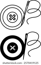 Button Icons. Black and White Vector Illustrations. Clothes Button and Needle and Thread. Sewing Kit. Fashion Concept