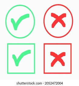 Button icons in circle and square for: Yes or No, Right or Wrong, Correct or False, Ok or Not Ok, Accepted or Rejected, Approved or Disapproved - vector mark web symbols in green and red