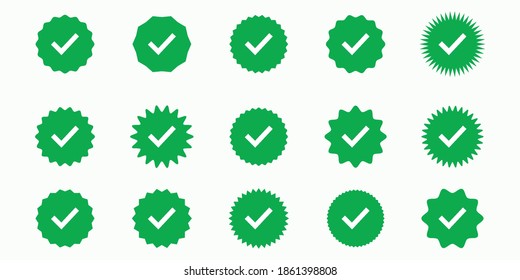 Button icons for: Accepted, Approved, Yes, Right, Green, Correct. Icon set in different styles in green colors. Vector tick mark web symbols with circle.