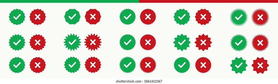 Button icons for: Accepted Rejected, Approved Disapproved, Yes No, Right Wrong, Green Red, Correct False. OK Not Ok. Tick vector mark web symbols in green and red.