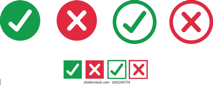 Button icons for: Accepted/Rejected, Approved/Disapproved, Yes/No, Right/Wrong, Green/Red, Correct/False, Ok/Not Ok - vector mark web symbols in green and red.