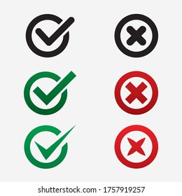 Button icons for: Accepted/Rejected, Approved/Disapproved, Yes/No, Right/Wrong, Green/Red, Correct/False, Ok/Not Ok - vector mark web symbols in green and red.