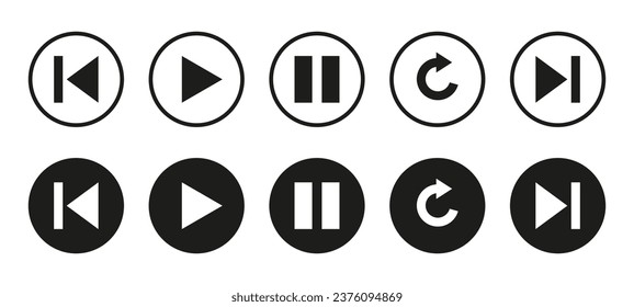 Iconos de botón: reproducir, pausar, repetir, anterior, siguiente. Un conjunto de símbolos para la reproducción. iconos multimedia. Conjunto de iconos multimedia. Iconos de los botones del jugador en blanco y negro. Conjunto de botones vectores para el reproductor de vídeo