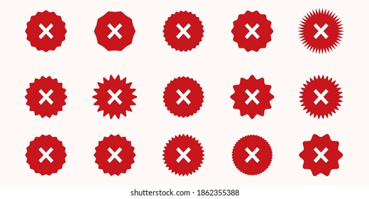 Iconos de botón para Rechazado, Desaprobado, Falso, No o Error. Icono establecido en diferentes estilos zig zag en colores rojos. Símbolos web de marca de vector con forma de círculo 