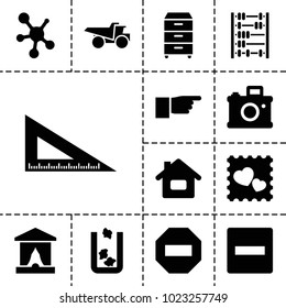 Button icons. set of 13 editable filled button icons such as trash bin, truck, minus, home, stage, camera, photo with heart, nightstand, pointing, abacus, ruler