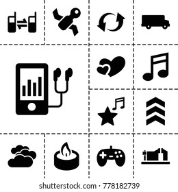 Button icons. set of 13 editable filled button icons such as cloudy weather, bus, joystick, satellite, heart, mp3 player, update, connected phone, favorite music, candle