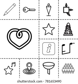 Button icons. set of 13 editable outline button icons such as flag, key, map location, filter, heart, favorite music, music note, star, tunnel, pen, group, info