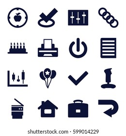 button icons set. Set of 16 button filled icons such as sliders, document, printer, trash bin, balloon, chain, switch off, tick, apple target, joystick, home, back arrow