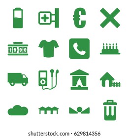 Button icons set. set of 16 button filled icons such as house, t-shirt, medical cross, call, arrow up, cloud, bin, garage, battery, digital clock, truck, stage, euro, cake