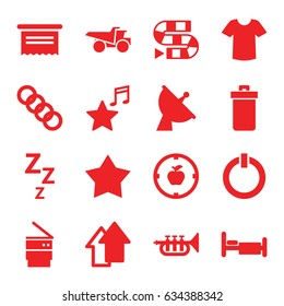 Button icons set. set of 16 button filled icons such as trash bin, t-shirt, truck, bed, satellite, favorite music, trumpet, switch off, arrow up, chain, apple target