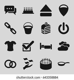 Button icons set. set of 16 button filled icons such as bucket, cloudy weather, money on hand, t-shirt, cake, piece of cake, bed, chain, eject button, tick, engagement rings