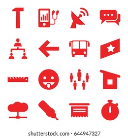Button icons set. set of 16 button filled icons such as airport bus, showing tongue emot, mp3 player, structure, ruler, house building, chat, satellite, hummer, rank, group