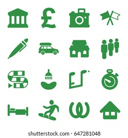 Button icons set. set of 16 button filled icons such as shower, bed, music note, pen, flag, stopwatch, home, house building, court building, snowboard, car, group, dice game