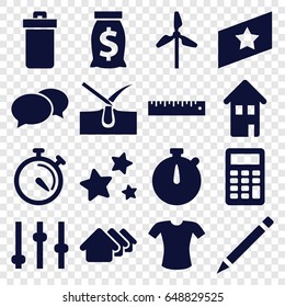 Button icons set. set of 16 button filled icons such as trash bin, house, shave hair in skin, chat, t-shirt, pen, stopwatch, ruler, star, home, calculator, rank, mill, adjust