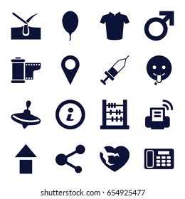 Button icons set. set of 16 button filled icons such as whirligig, male, shave hair in skin, t-shirt, emoji showing tongue, broken heart, share, injection, desk phone, balloon